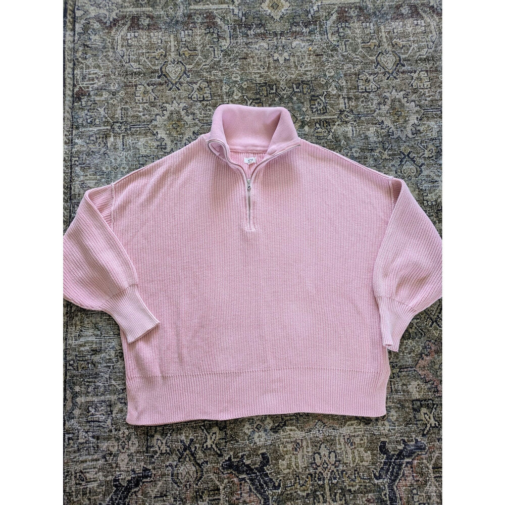 Aerie Oversized Quarter Zip Sweater 100% Cotton Pink Ribbed Cotton Size M